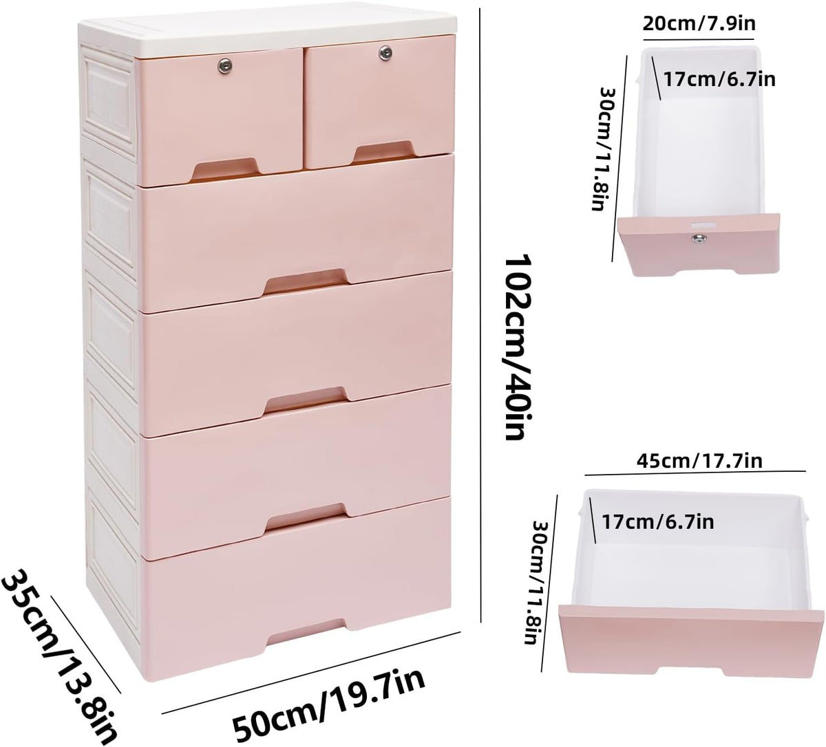 5-Layer 6-Drawer Rolling Storage Cabinet, PP Dresser with Lock, Modern Organizer, Mobile Clothes Bin with Wheels, Large Capacity, Anti-Slip, Easy Install for Bedroom (Pink)