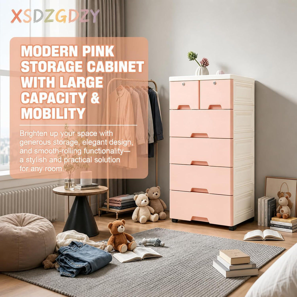 5-Layer 6-Drawer Rolling Storage Cabinet, PP Dresser with Lock, Modern Organizer, Mobile Clothes Bin with Wheels, Large Capacity, Anti-Slip, Easy Install for Bedroom (Pink)