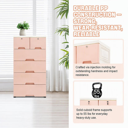 5-Layer 6-Drawer Rolling Storage Cabinet, PP Dresser with Lock, Modern Organizer, Mobile Clothes Bin with Wheels, Large Capacity, Anti-Slip, Easy Install for Bedroom (Pink)