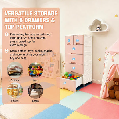 5-Layer 6-Drawer Rolling Storage Cabinet, PP Dresser with Lock, Modern Organizer, Mobile Clothes Bin with Wheels, Large Capacity, Anti-Slip, Easy Install for Bedroom (Pink)