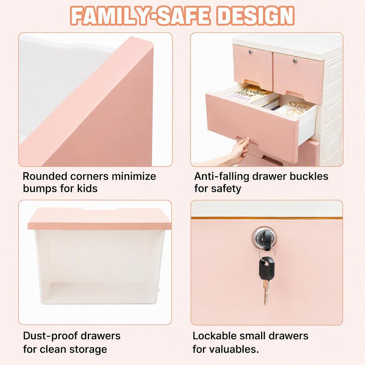 5-Layer 6-Drawer Rolling Storage Cabinet, PP Dresser with Lock, Modern Organizer, Mobile Clothes Bin with Wheels, Large Capacity, Anti-Slip, Easy Install for Bedroom (Pink)