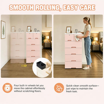 5-Layer 6-Drawer Rolling Storage Cabinet, PP Dresser with Lock, Modern Organizer, Mobile Clothes Bin with Wheels, Large Capacity, Anti-Slip, Easy Install for Bedroom (Pink)