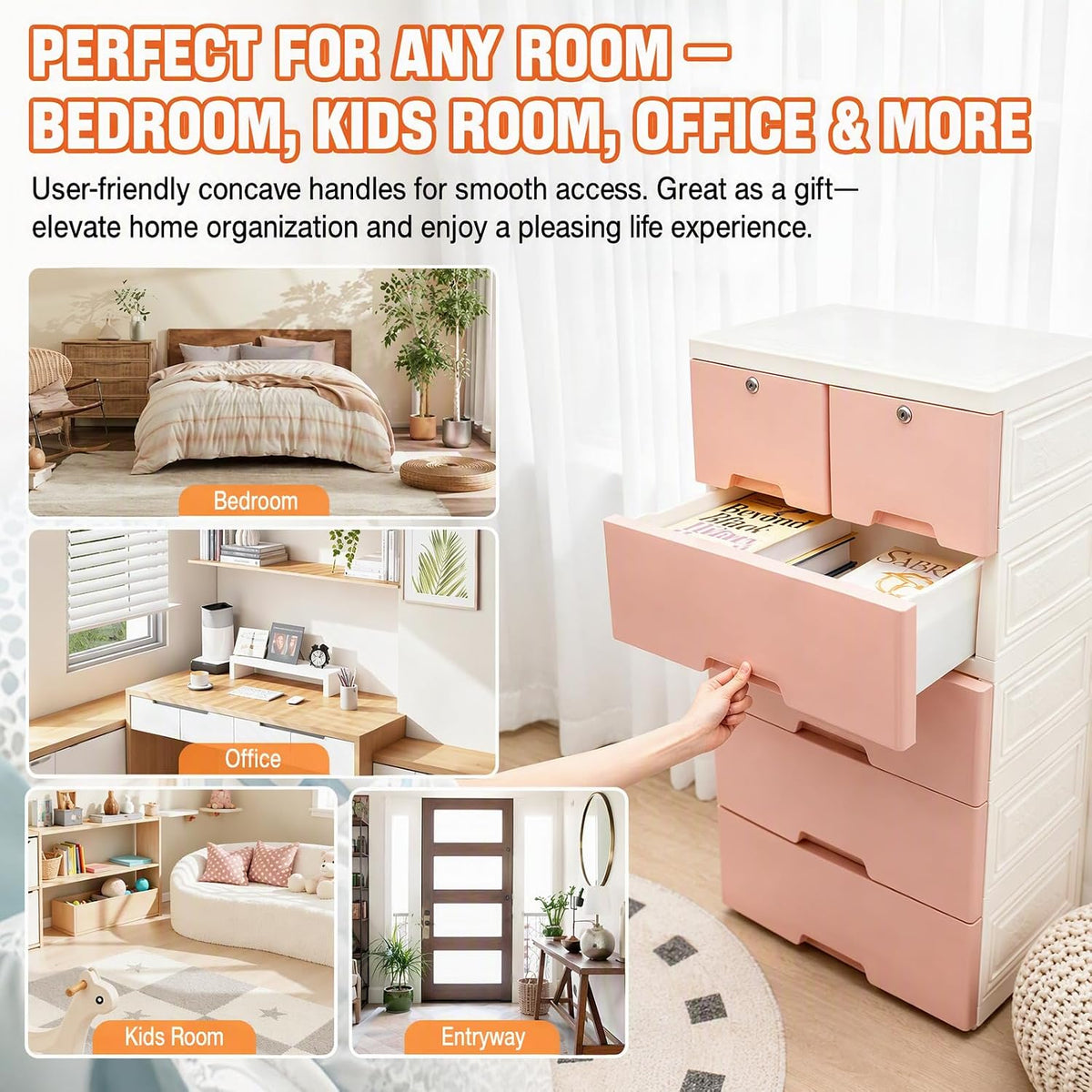 5-Layer 6-Drawer Rolling Storage Cabinet, PP Dresser with Lock, Modern Organizer, Mobile Clothes Bin with Wheels, Large Capacity, Anti-Slip, Easy Install for Bedroom (Pink)