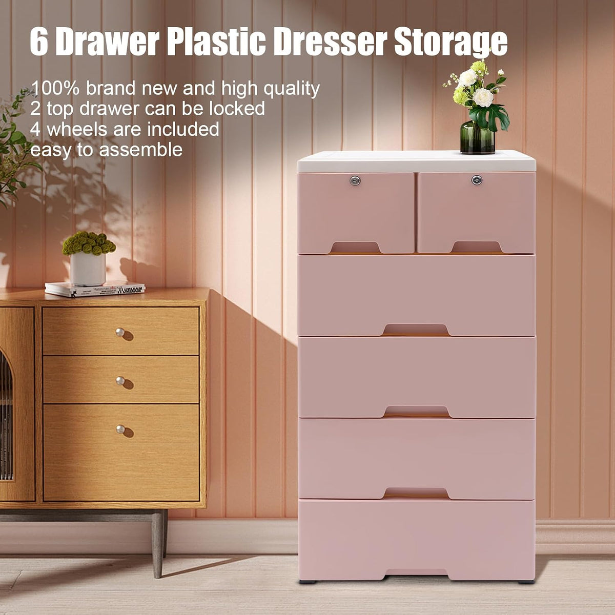 5-Layer 6-Drawer Rolling Storage Cabinet, PP Dresser with Lock, Modern Organizer, Mobile Clothes Bin with Wheels, Large Capacity, Anti-Slip, Easy Install for Bedroom (Pink)