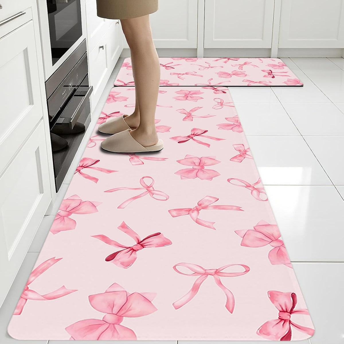 Bow Rugs for Kitchen Floor, 2PCS Anti Fatigue Pink Bow Mat for Kitchen