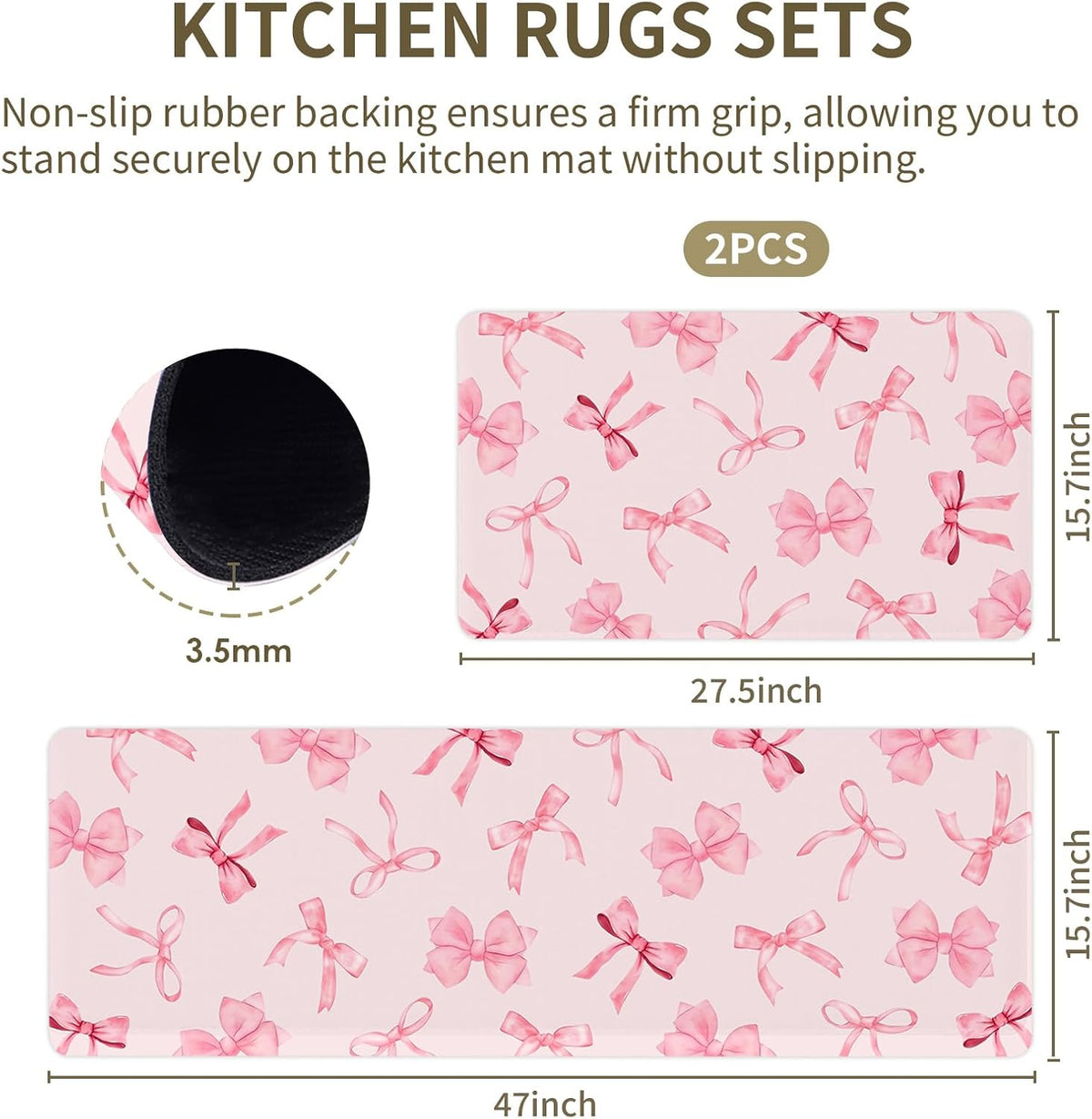 Bow Rugs for Kitchen Floor, 2PCS Anti Fatigue Pink Bow Mat for Kitchen