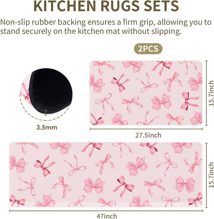 Bow Rugs for Kitchen Floor, 2PCS Anti Fatigue Pink Bow Mat for Kitchen