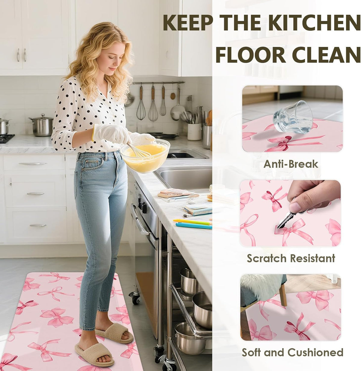 Bow Rugs for Kitchen Floor, 2PCS Anti Fatigue Pink Bow Mat for Kitchen