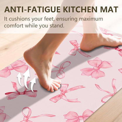 Bow Rugs for Kitchen Floor, 2PCS Anti Fatigue Pink Bow Mat for Kitchen