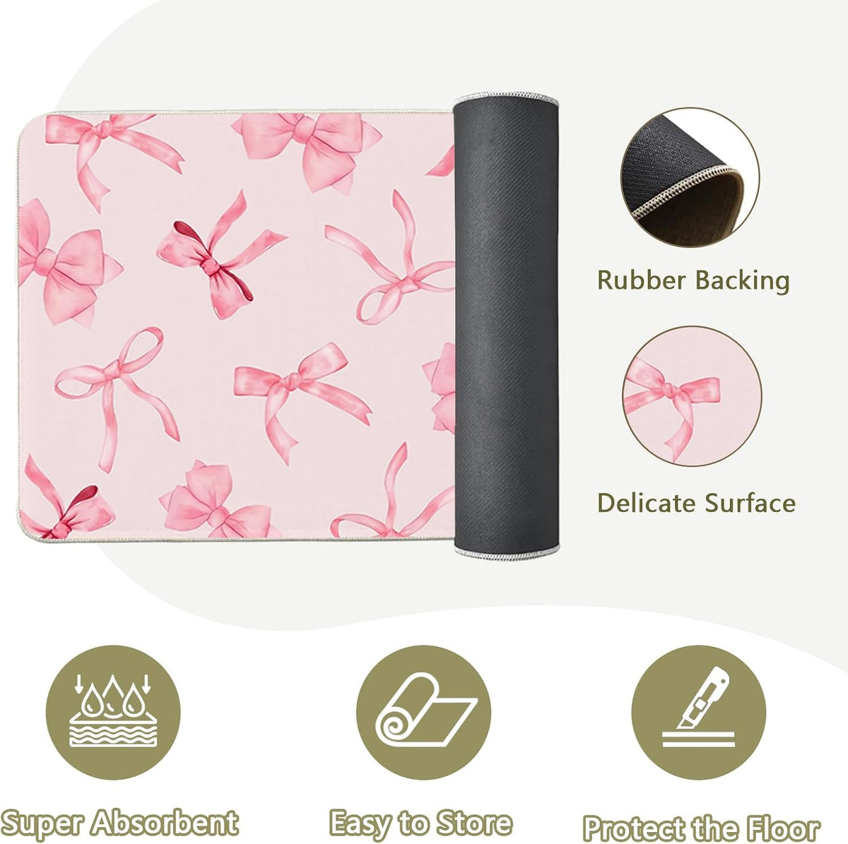 Bow Rugs for Kitchen Floor, 2PCS Anti Fatigue Pink Bow Mat for Kitchen