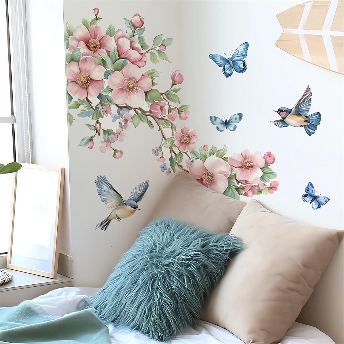 Peach Blossom Branch Birds Butterfly Wall Stickers Wall Art Decals