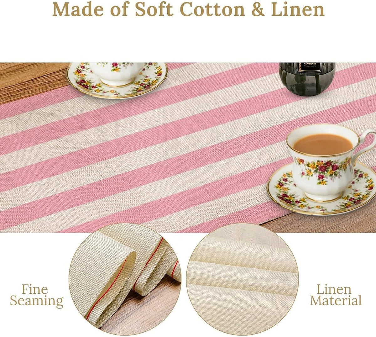 Stripe Table Runner Vertical Pink White Stripe Pattern for Indoor Outdoor Party Dinner Festival Farmhouse Holiday Dining Room Home Kitchen Restaurant, 13x36in