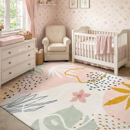 Pink Boho Living Room Rug 6x9, Washable Non Slip Soft Botanical Area Rug for Cozy Family Room Classroom Bedroom Home Decor
