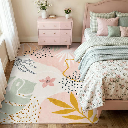 Pink Boho Living Room Rug 6x9, Washable Non Slip Soft Botanical Area Rug for Cozy Family Room Classroom Bedroom Home Decor