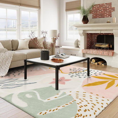 Pink Boho Living Room Rug 6x9, Washable Non Slip Soft Botanical Area Rug for Cozy Family Room Classroom Bedroom Home Decor