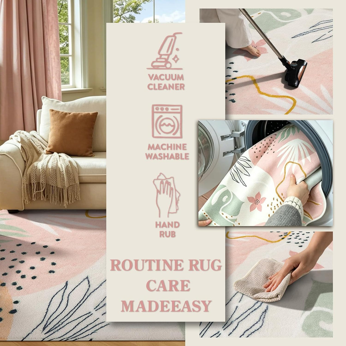 Pink Boho Living Room Rug 6x9, Washable Non Slip Soft Botanical Area Rug for Cozy Family Room Classroom Bedroom Home Decor
