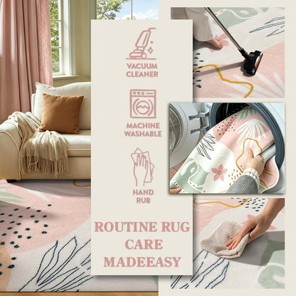 Pink Boho Living Room Rug 6x9, Washable Non Slip Soft Botanical Area Rug for Cozy Family Room Classroom Bedroom Home Decor