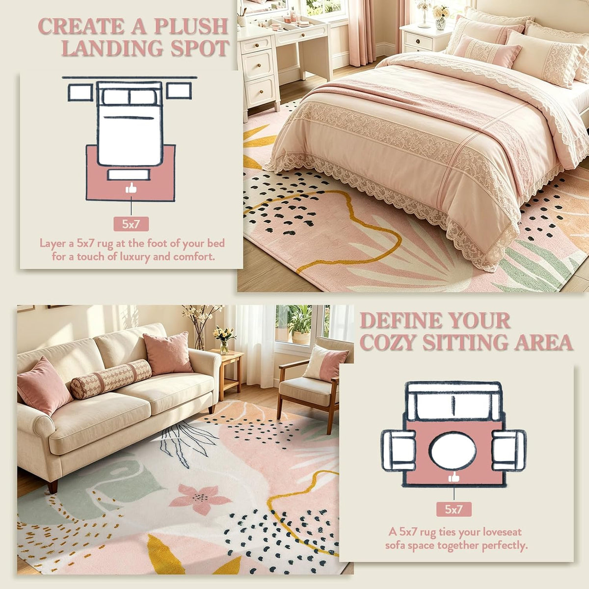 Pink Boho Living Room Rug 6x9, Washable Non Slip Soft Botanical Area Rug for Cozy Family Room Classroom Bedroom Home Decor