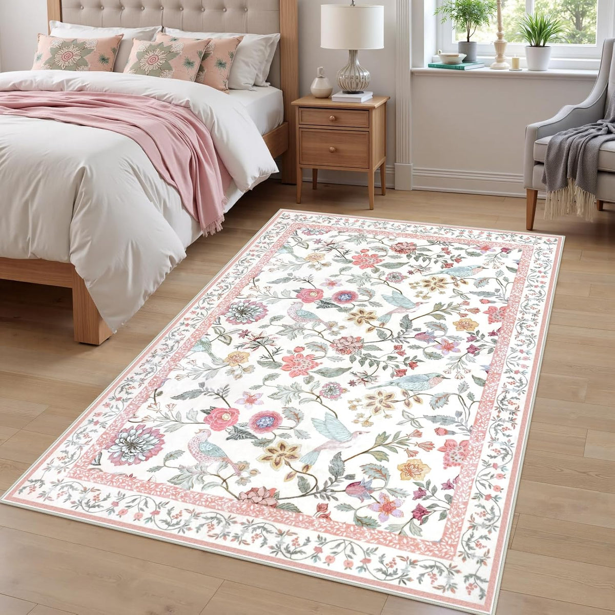 Washable Floral Area Rug, 4x6 Pink Girls Bedroom Rug Soft Non-Slip Botanical Living Room Rugs, Ultra Thin Modern Boho Flower Birds Throw Carpet for Kitchen Entryway Nursery Foyer