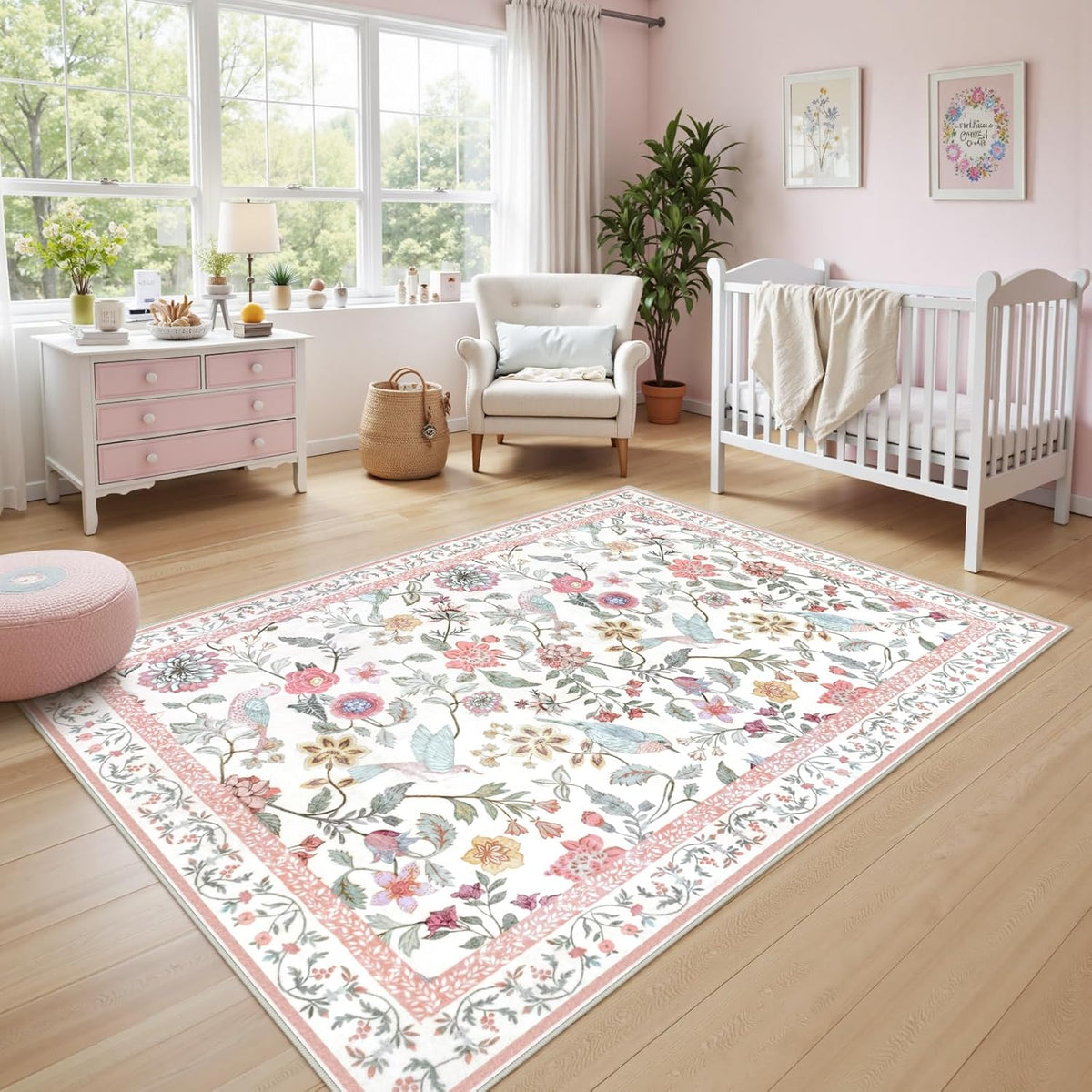 Washable Floral Area Rug, 4x6 Pink Girls Bedroom Rug Soft Non-Slip Botanical Living Room Rugs, Ultra Thin Modern Boho Flower Birds Throw Carpet for Kitchen Entryway Nursery Foyer