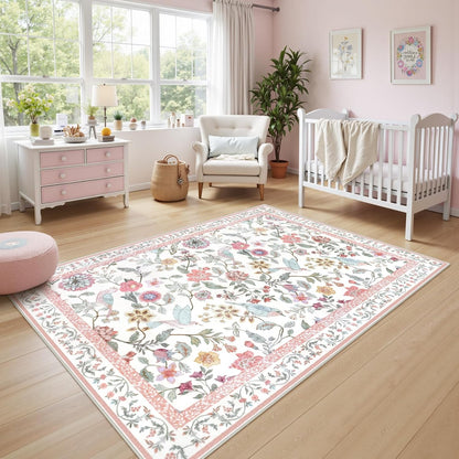 Washable Floral Area Rug, 4x6 Pink Girls Bedroom Rug Soft Non-Slip Botanical Living Room Rugs, Ultra Thin Modern Boho Flower Birds Throw Carpet for Kitchen Entryway Nursery Foyer