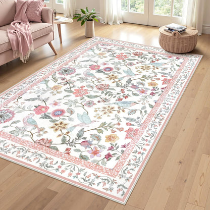 Washable Floral Area Rug, 4x6 Pink Girls Bedroom Rug Soft Non-Slip Botanical Living Room Rugs, Ultra Thin Modern Boho Flower Birds Throw Carpet for Kitchen Entryway Nursery Foyer