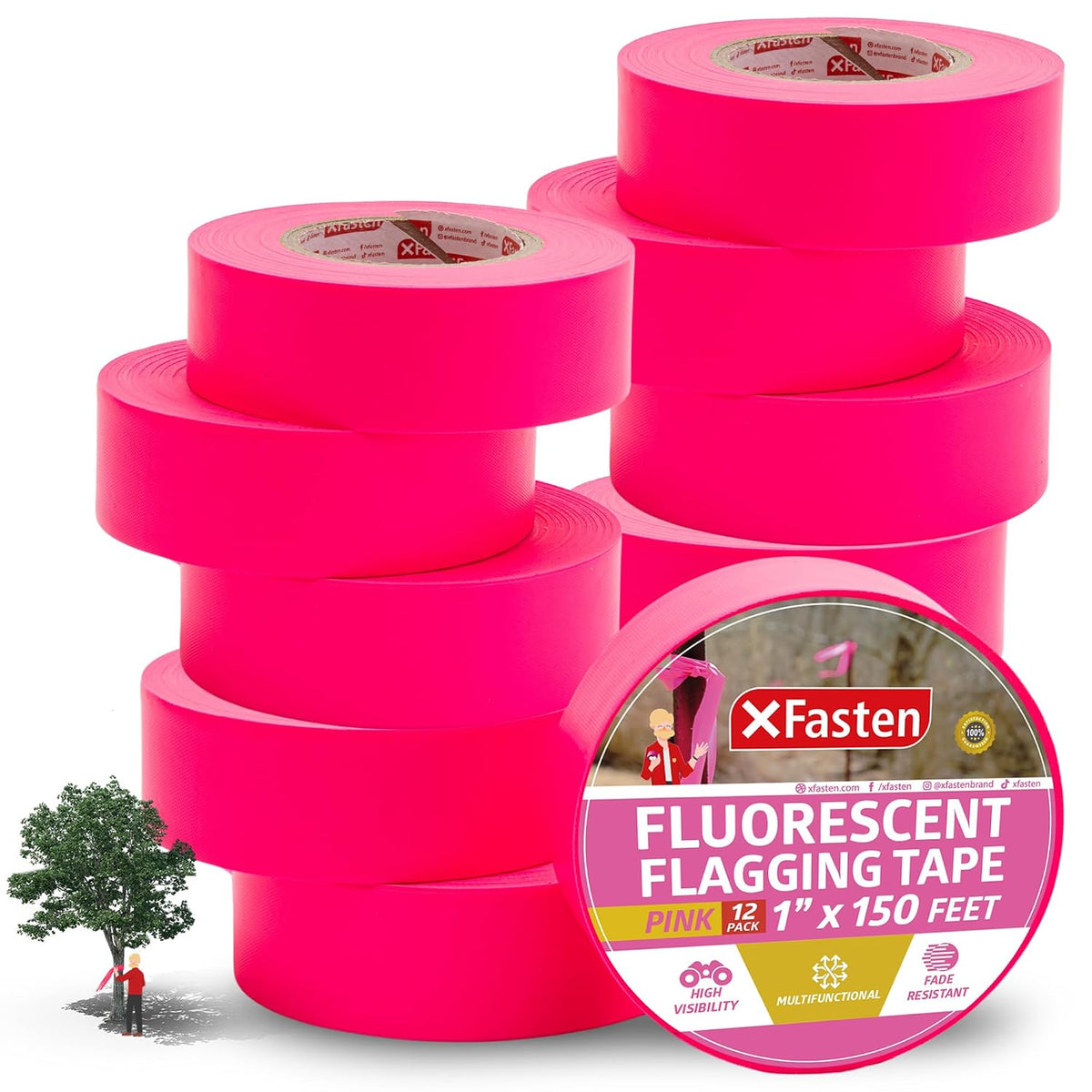 Pink Flagging Tape 12-Pack, 1-Inch x 1800 Feet Total Pink Marking Tape Ribbon, High Visibility Non-Fading Trail Marking Ribbon for Surveying, Trees, Construction Safety Caution - 150ft/roll