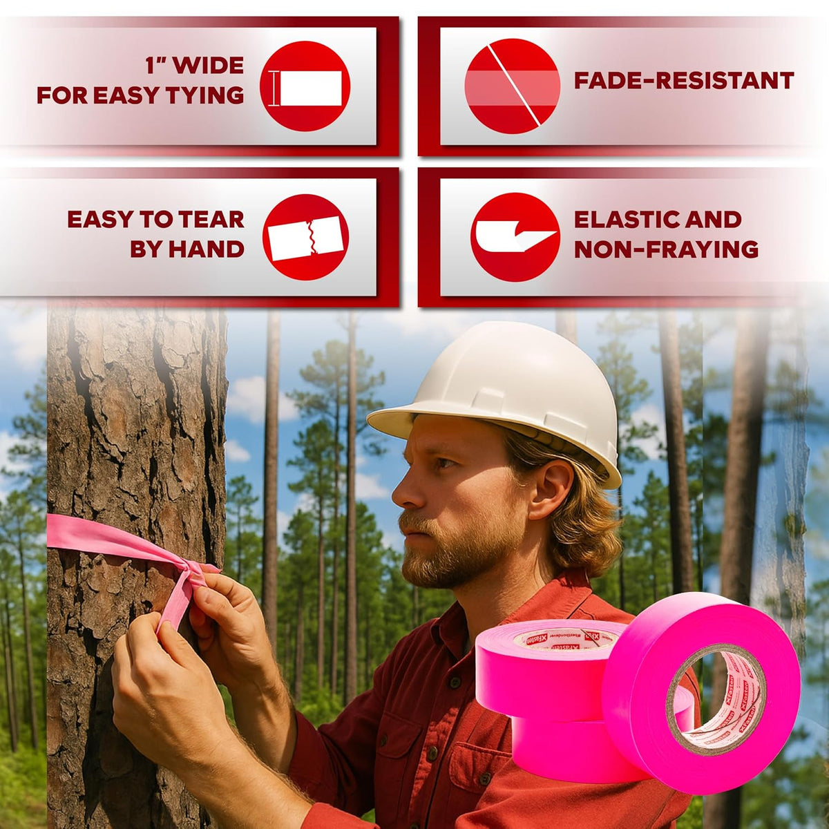 Pink Flagging Tape 12-Pack, 1-Inch x 1800 Feet Total Pink Marking Tape Ribbon, High Visibility Non-Fading Trail Marking Ribbon for Surveying, Trees, Construction Safety Caution - 150ft/roll