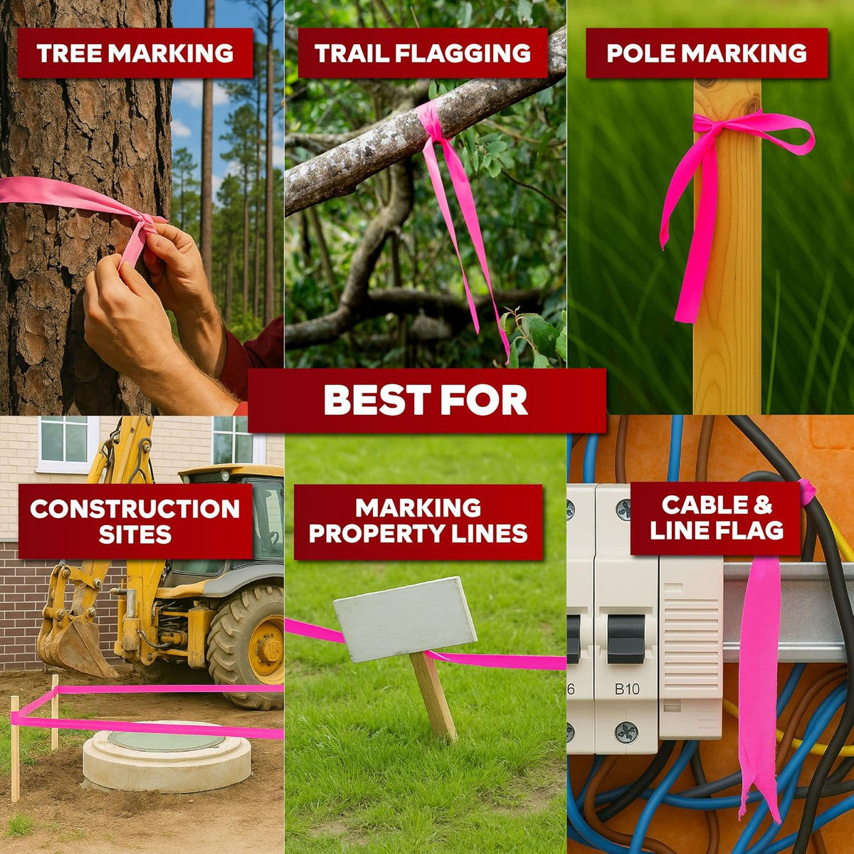 Pink Flagging Tape 12-Pack, 1-Inch x 1800 Feet Total Pink Marking Tape Ribbon, High Visibility Non-Fading Trail Marking Ribbon for Surveying, Trees, Construction Safety Caution - 150ft/roll