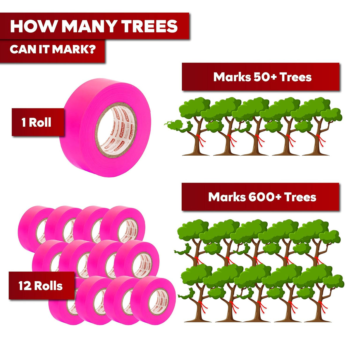 Pink Flagging Tape 12-Pack, 1-Inch x 1800 Feet Total Pink Marking Tape Ribbon, High Visibility Non-Fading Trail Marking Ribbon for Surveying, Trees, Construction Safety Caution - 150ft/roll