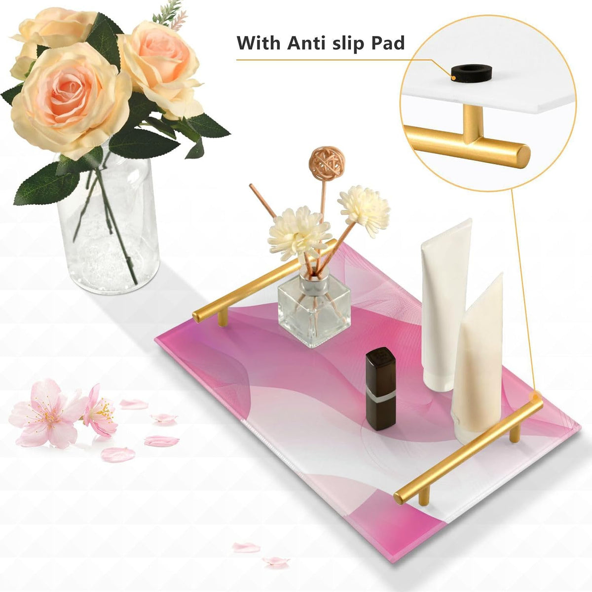 White Peach Gradien Decorative Breakfast Tray with Handles Trays for Coffee Table for Jewelry Perfume for Dinner Serving Tea Preparation Set