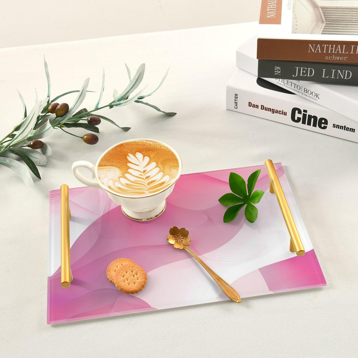 White Peach Gradien Decorative Breakfast Tray with Handles Trays for Coffee Table for Jewelry Perfume for Dinner Serving Tea Preparation Set
