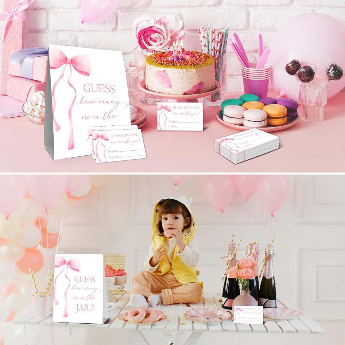 Pink Bow Baby Shower Decorations, Guess How Many Baby Shower Diaper Raffle Game Kit, Decoration For Girl's Baby Shower with 50PCS Cards Kids' Party Banners, Party Favor & Decorations