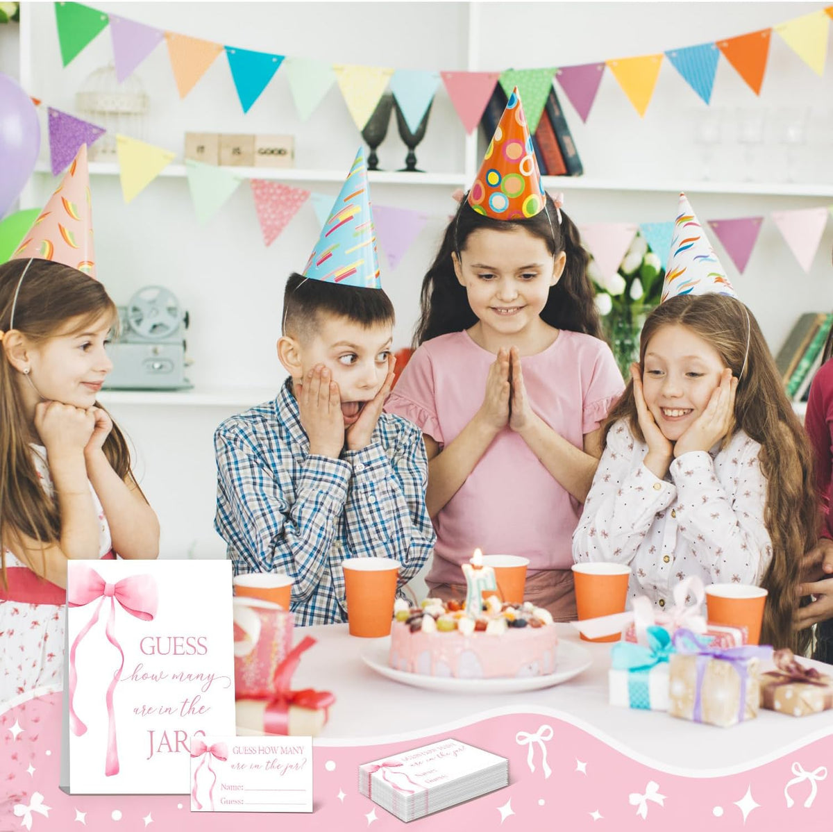 Pink Bow Baby Shower Decorations, Guess How Many Baby Shower Diaper Raffle Game Kit, Decoration For Girl's Baby Shower with 50PCS Cards Kids' Party Banners, Party Favor & Decorations