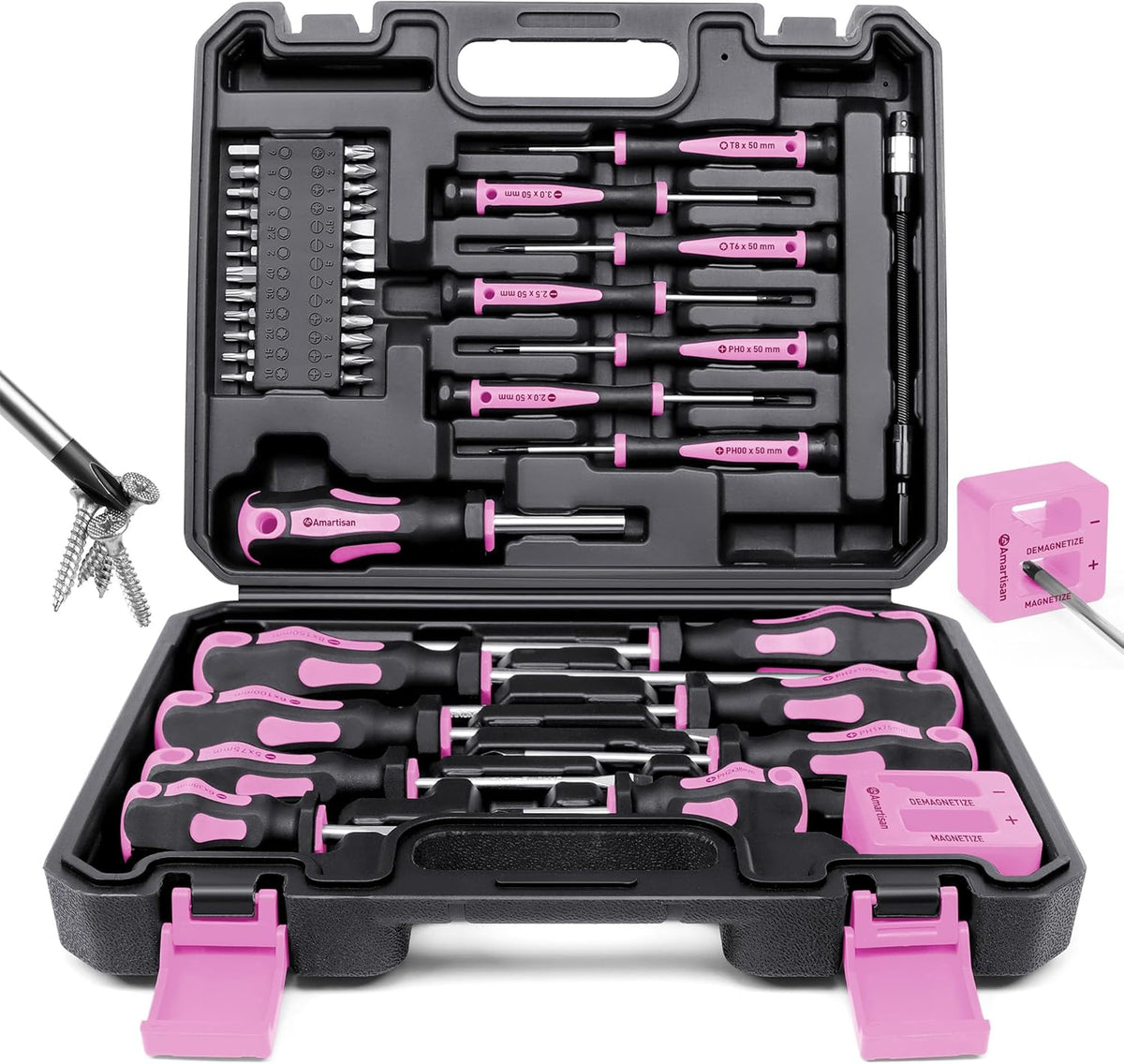 Magnetic Screwdrivers Set with Case, 43-piece Includs Slotted, Phillips, Hex, Pozidriv,Torx and Precision Screwdriver Set, Magnetizer Demagnetizer Tools, Tools for Men (Pink))