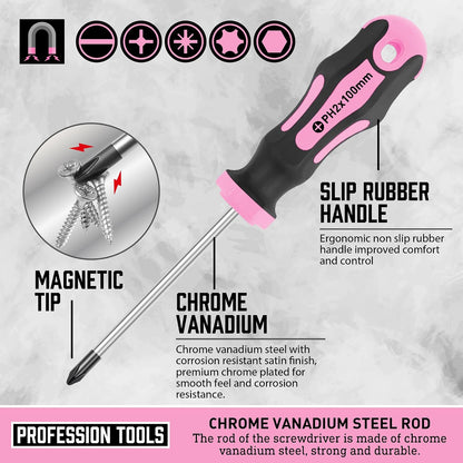 Magnetic Screwdrivers Set with Case, 43-piece Includs Slotted, Phillips, Hex, Pozidriv,Torx and Precision Screwdriver Set, Magnetizer Demagnetizer Tools, Tools for Men (Pink))
