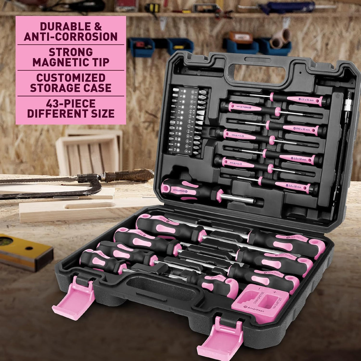 Magnetic Screwdrivers Set with Case, 43-piece Includs Slotted, Phillips, Hex, Pozidriv,Torx and Precision Screwdriver Set, Magnetizer Demagnetizer Tools, Tools for Men (Pink))