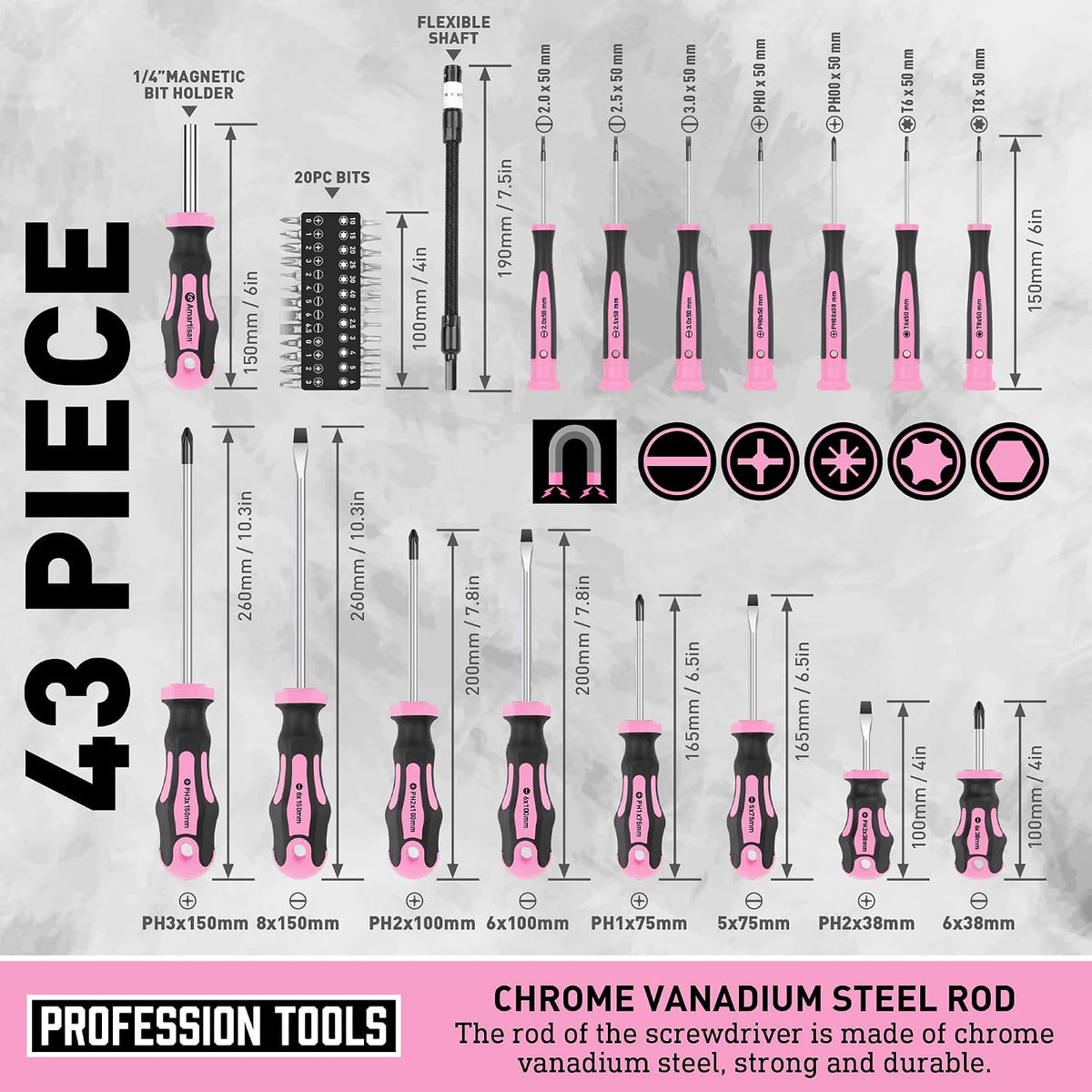 Magnetic Screwdrivers Set with Case, 43-piece Includs Slotted, Phillips, Hex, Pozidriv,Torx and Precision Screwdriver Set, Magnetizer Demagnetizer Tools, Tools for Men (Pink))
