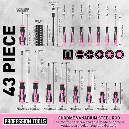 Magnetic Screwdrivers Set with Case, 43-piece Includs Slotted, Phillips, Hex, Pozidriv,Torx and Precision Screwdriver Set, Magnetizer Demagnetizer Tools, Tools for Men (Pink))