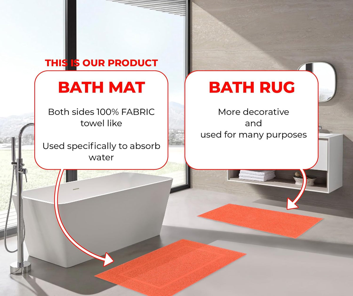 100% Cotton Bath Mats for Bathroom Floor Set of 2 Pack, 20x34 Soft Absorbent Washable Quick Dry Tub Bathmat, Coral