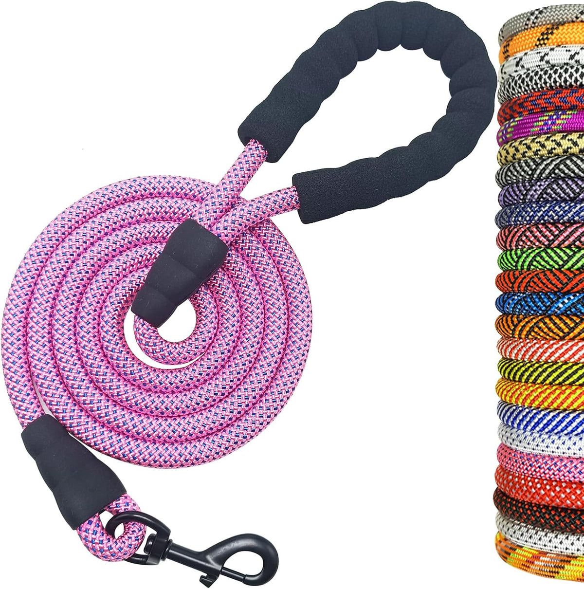 Heavy Duty Rope Dog Leash, 3/6/8/10/12/15/20FT Nylon Pet Leash, Soft Padded Handle Thick Lead Leashes for Large Medium Dogs (Pink-Blue dot, 1/2" * 6')