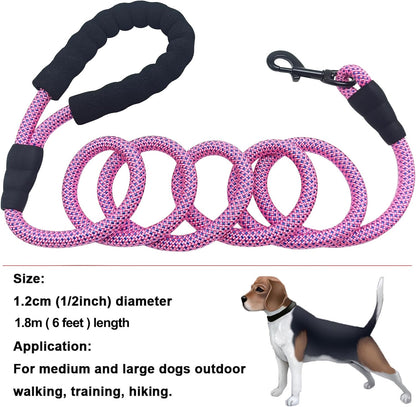 Heavy Duty Rope Dog Leash, 3/6/8/10/12/15/20FT Nylon Pet Leash, Soft Padded Handle Thick Lead Leashes for Large Medium Dogs (Pink-Blue dot, 1/2" * 6')