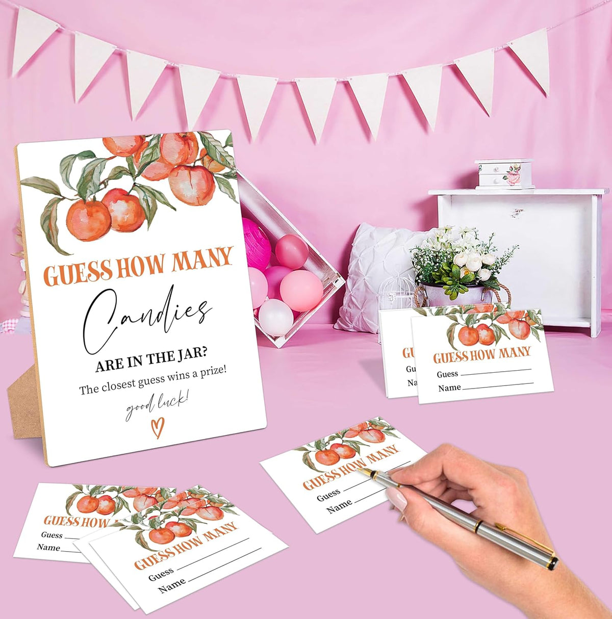 Peach Guess How Many Candies Are In The Jar Game, Pack of 1 Wooden Tabletop Sign with Stand and 50 Guessing Cards, Sweet Peach Baby Shower Game, Gender Reveal Party Decorations - WV15