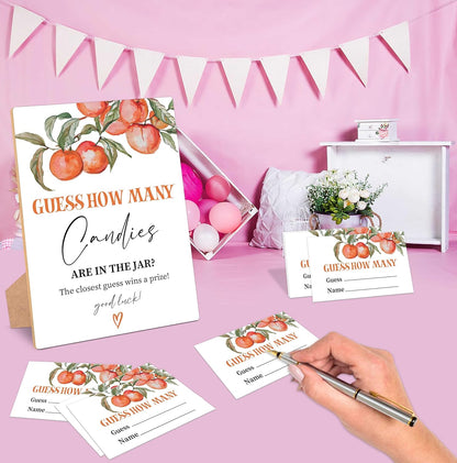 Peach Guess How Many Candies Are In The Jar Game, Pack of 1 Wooden Tabletop Sign with Stand and 50 Guessing Cards, Sweet Peach Baby Shower Game, Gender Reveal Party Decorations - WV15