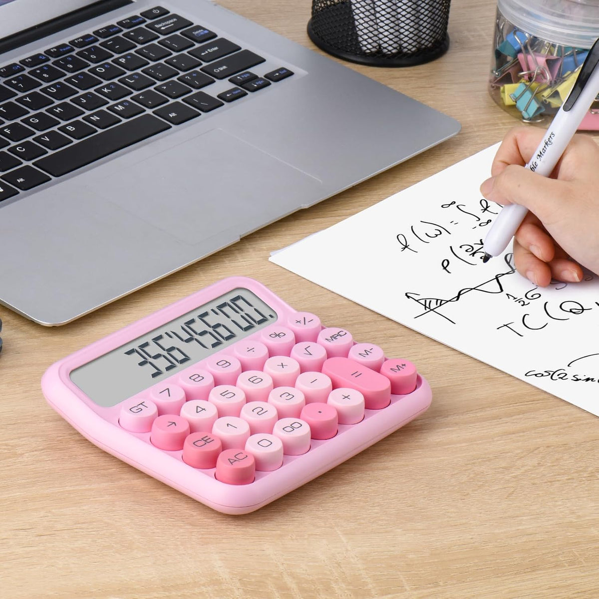 Mechanical Switch 12-Digit Pink Calculator - Large LCD Display, Big Buttons, Desktop, Cute, For Everyday Use