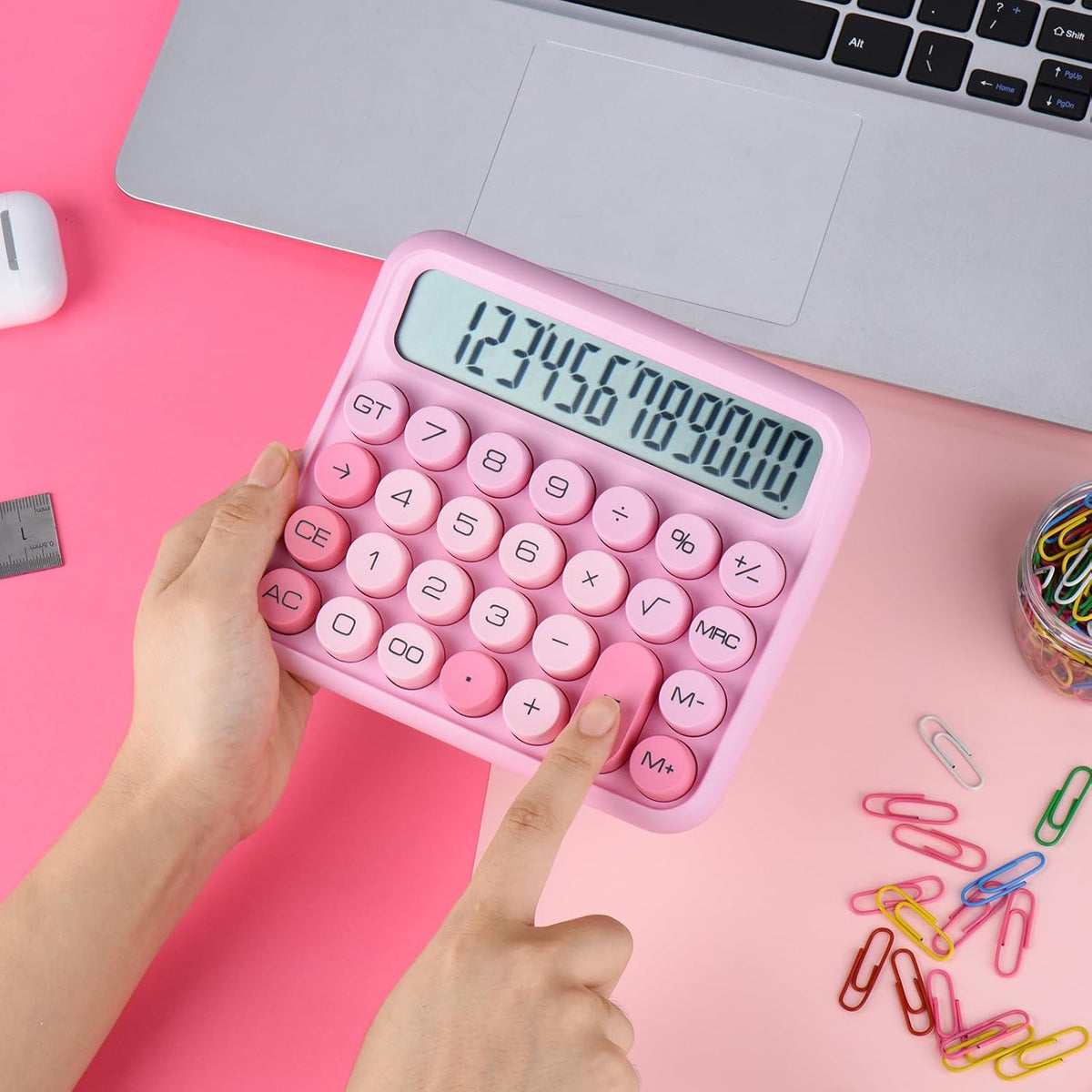 Mechanical Switch 12-Digit Pink Calculator - Large LCD Display, Big Buttons, Desktop, Cute, For Everyday Use