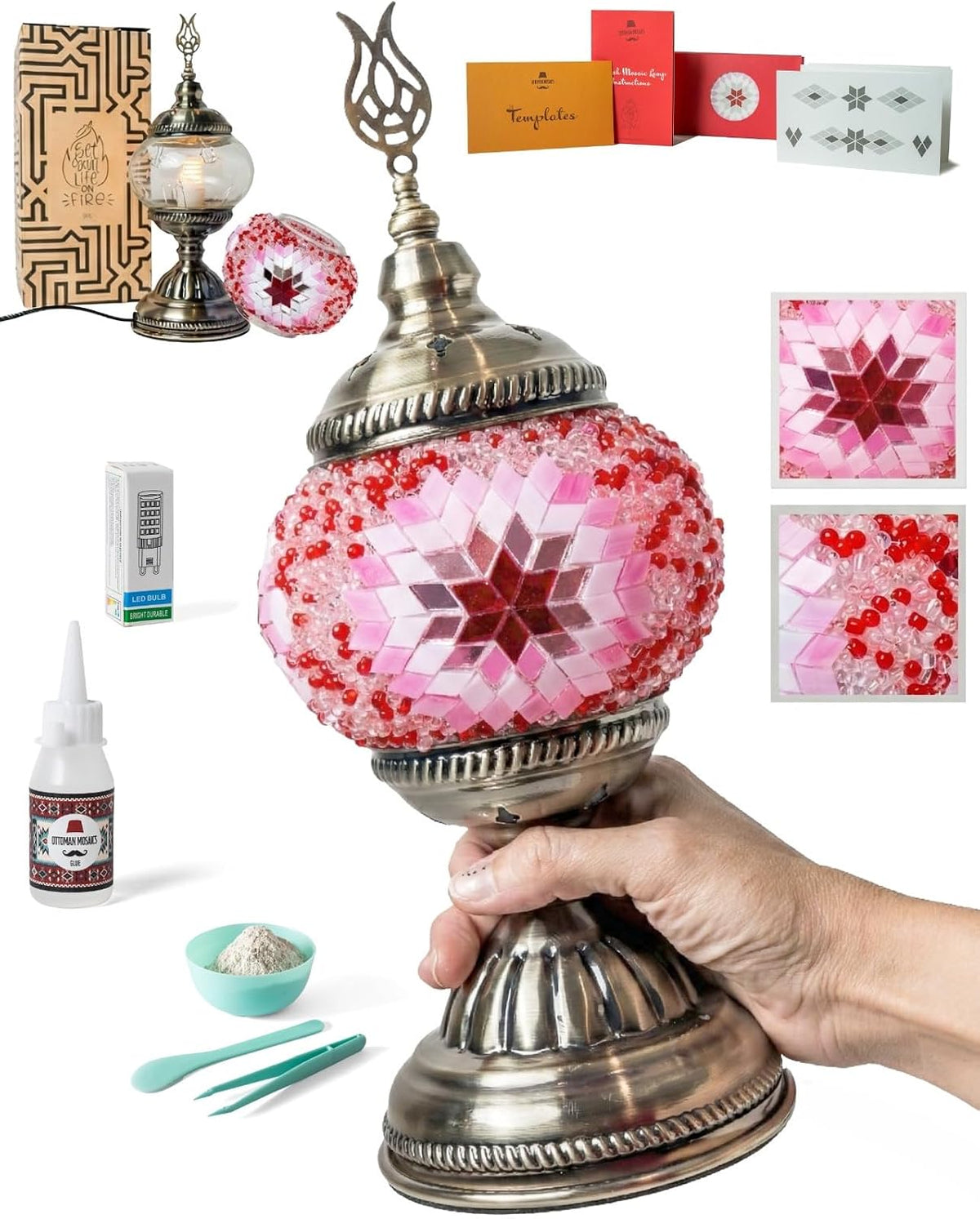 Turkish Mosaic Lamp Kit | DIY Art & Craft Project for Adults | Make Your Own Handmade Lamp (Pink)