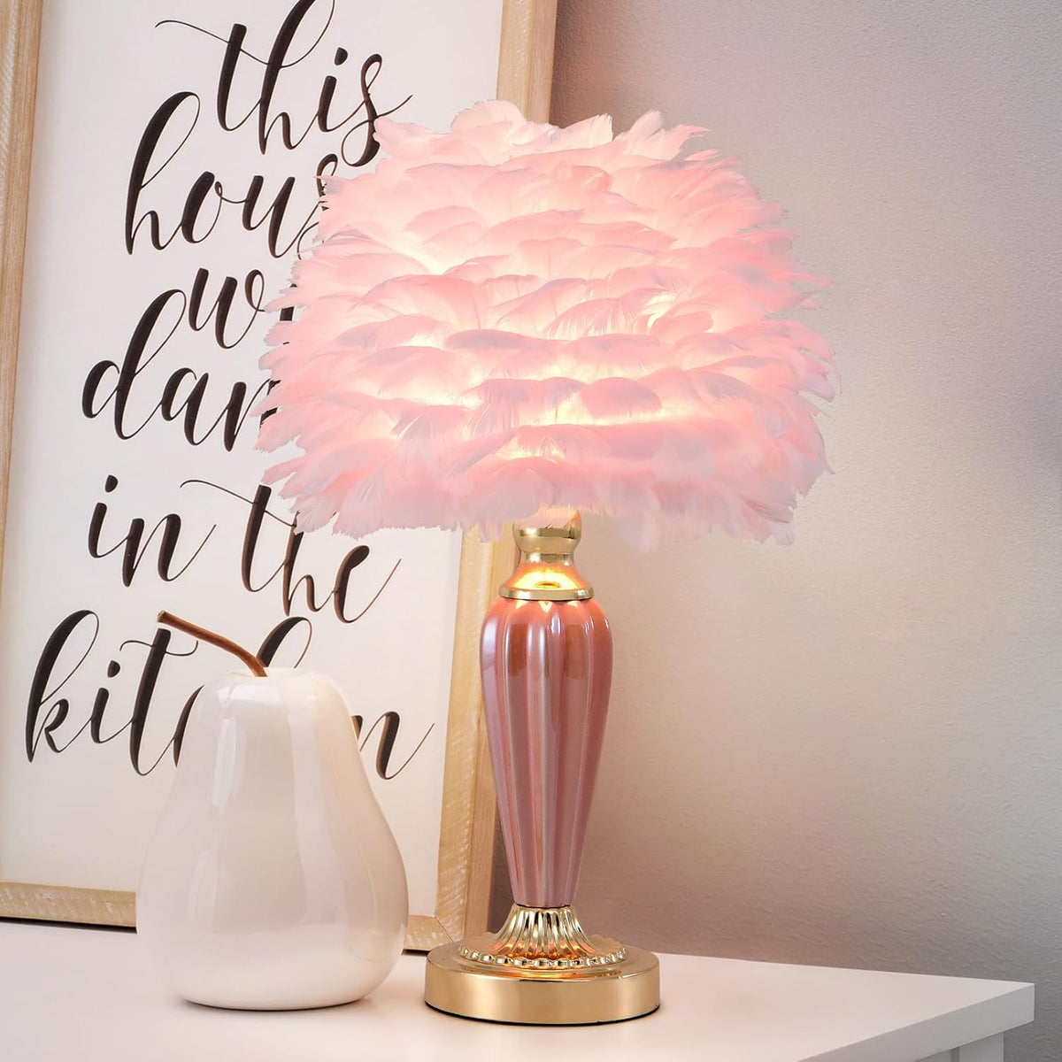 Pink Feather Lamp Creative Princess Bedside Lamp Feather Table Lamp Cute Goose Nightstand Light for Girl Bedroom Living Room Entryway Hotel Office Wedding Valentines