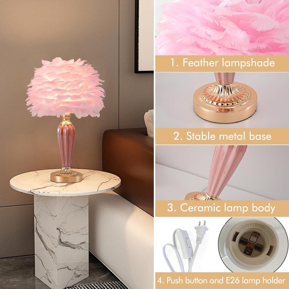 Pink Feather Lamp Creative Princess Bedside Lamp Feather Table Lamp Cute Goose Nightstand Light for Girl Bedroom Living Room Entryway Hotel Office Wedding Valentines