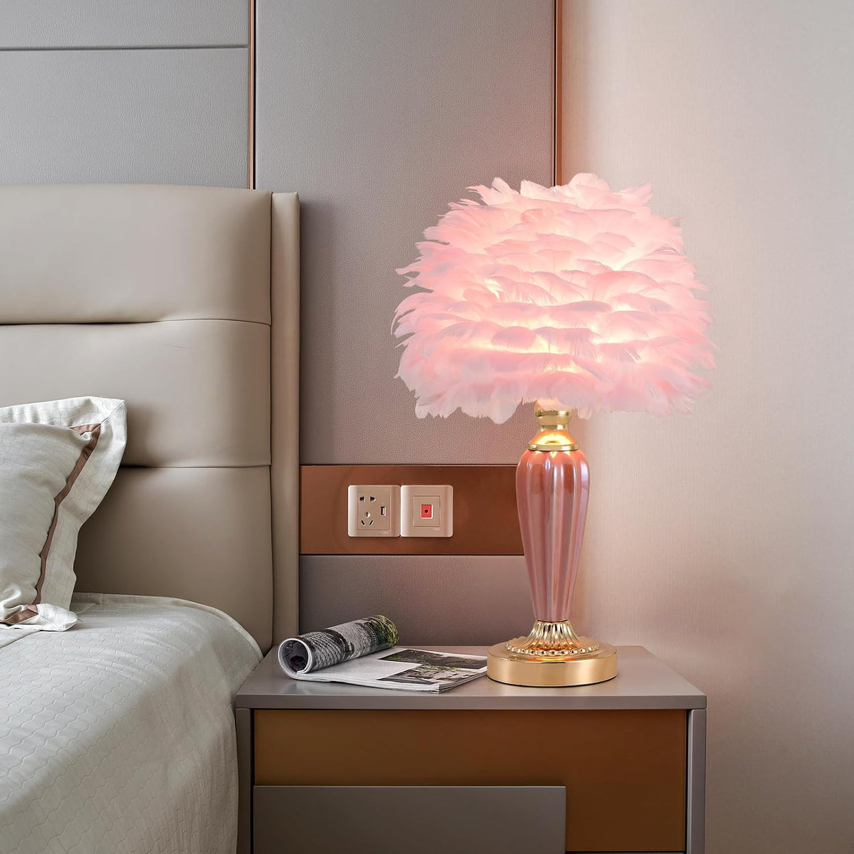 Pink Feather Lamp Creative Princess Bedside Lamp Feather Table Lamp Cute Goose Nightstand Light for Girl Bedroom Living Room Entryway Hotel Office Wedding Valentines